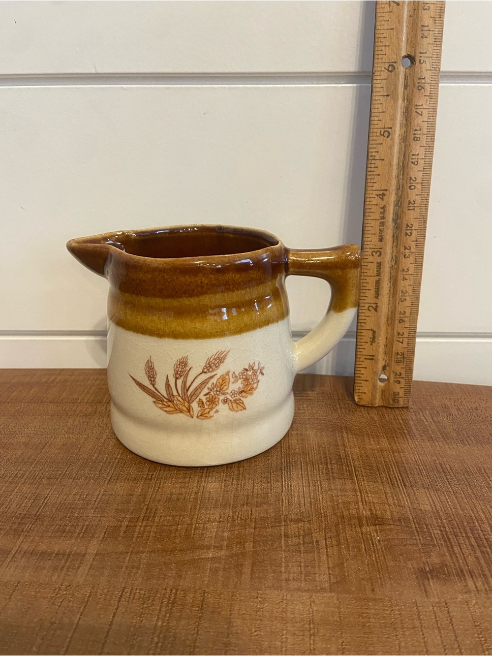 Vintage Brown and Cream Floral Ceramic Pitcher - Unbranded